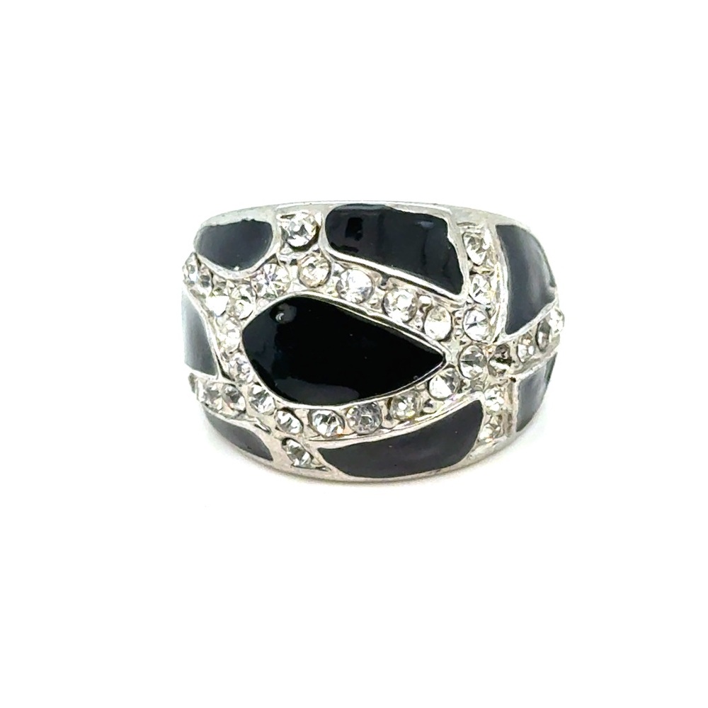 Black Enamel & Crystal Dome Ring -‎ Women Jewelry